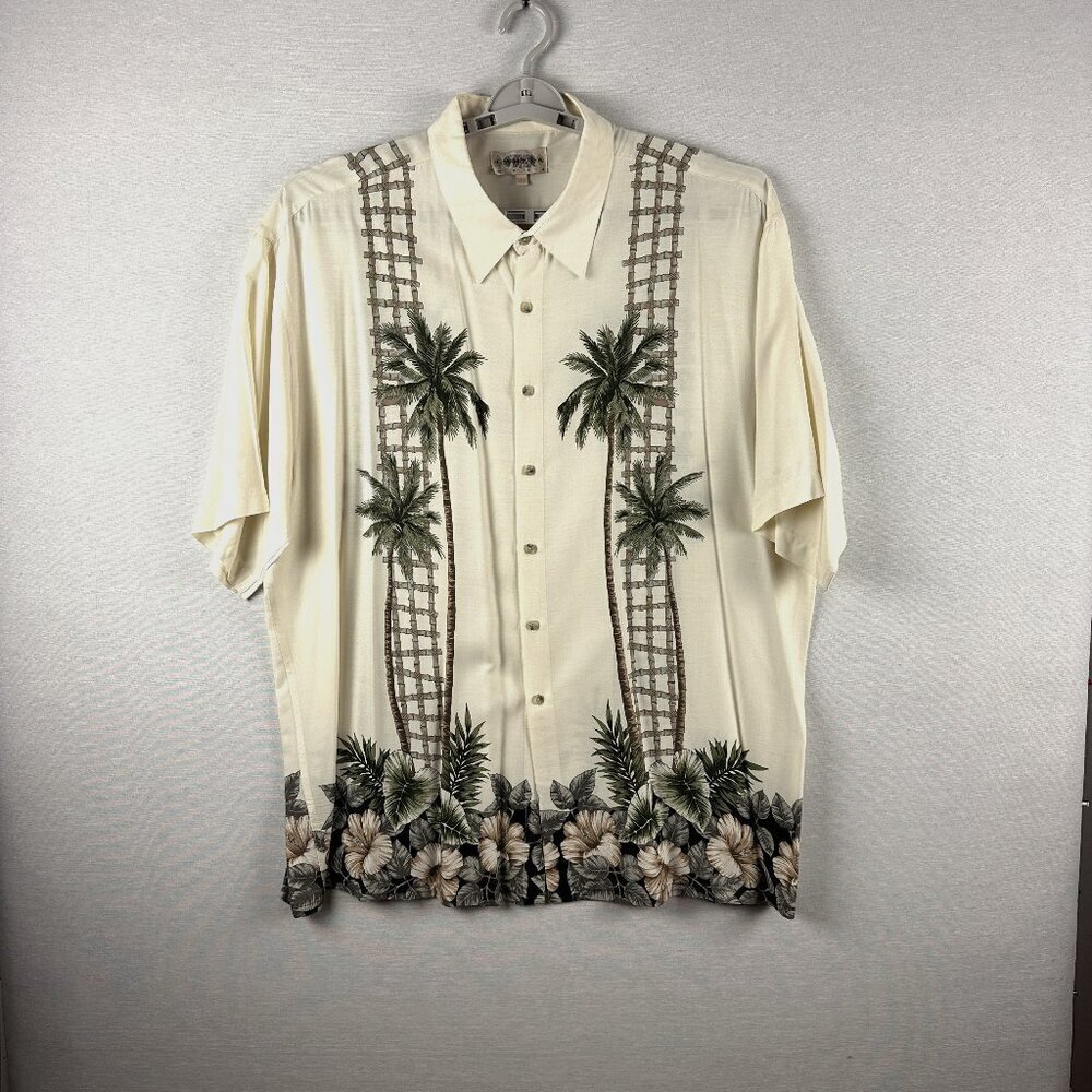 Campia Moda Vintage Cream Tropical Palm Tree Print Short Sleeve Button Up Shirt